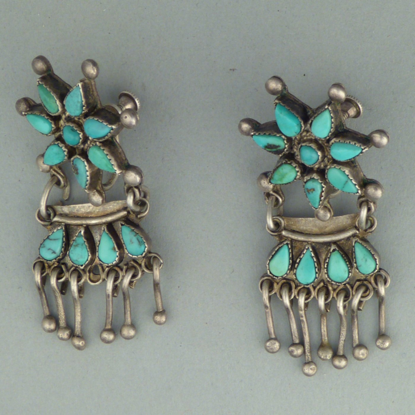 Zuni Star Earrings With Silver Dangles, C.1950's 