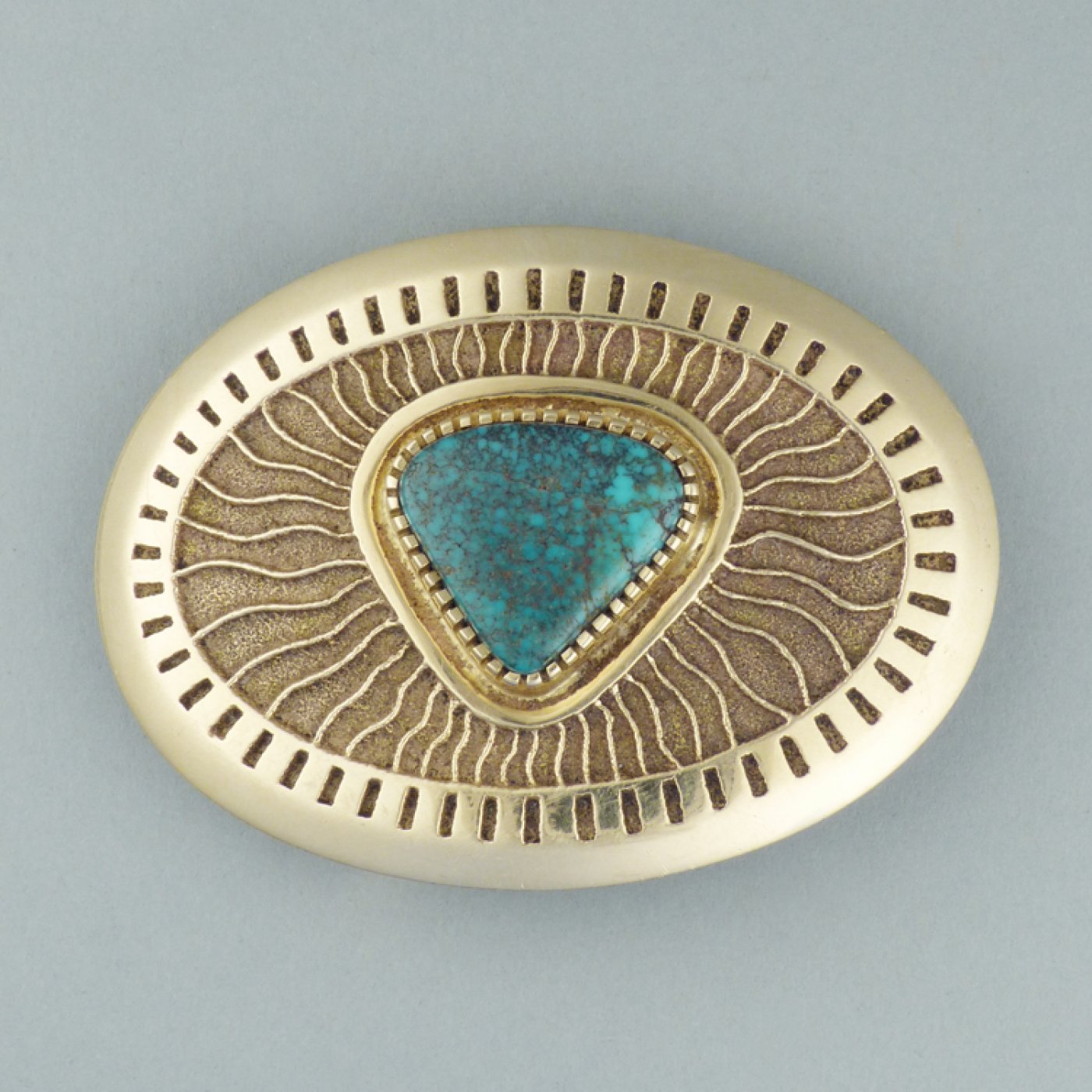 Navajo Cast Gold Belt Buckle With Lone Mountain Turquoise By Al Nez 