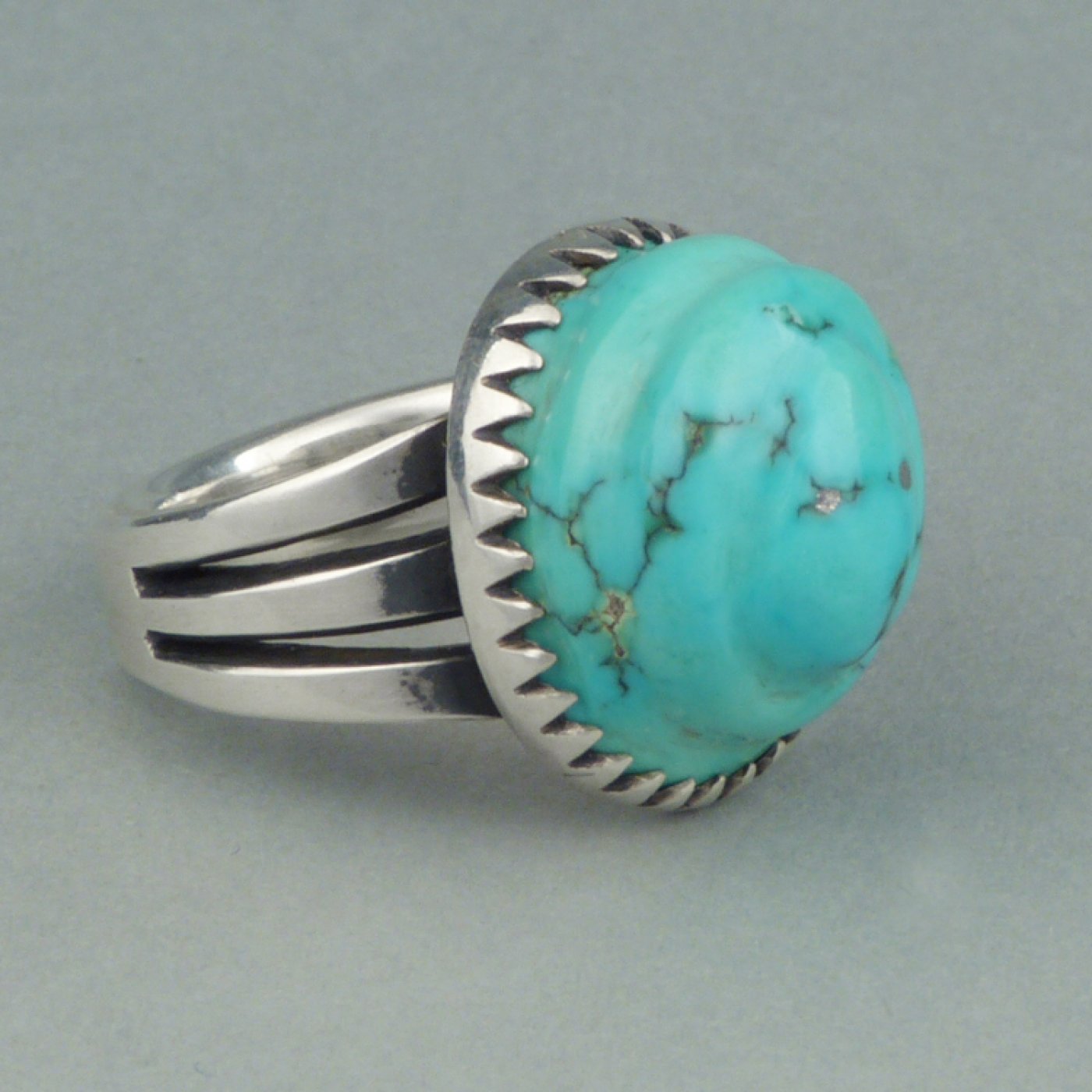 Silver Ring with Carved Turquoise Shiprock Santa Fe
