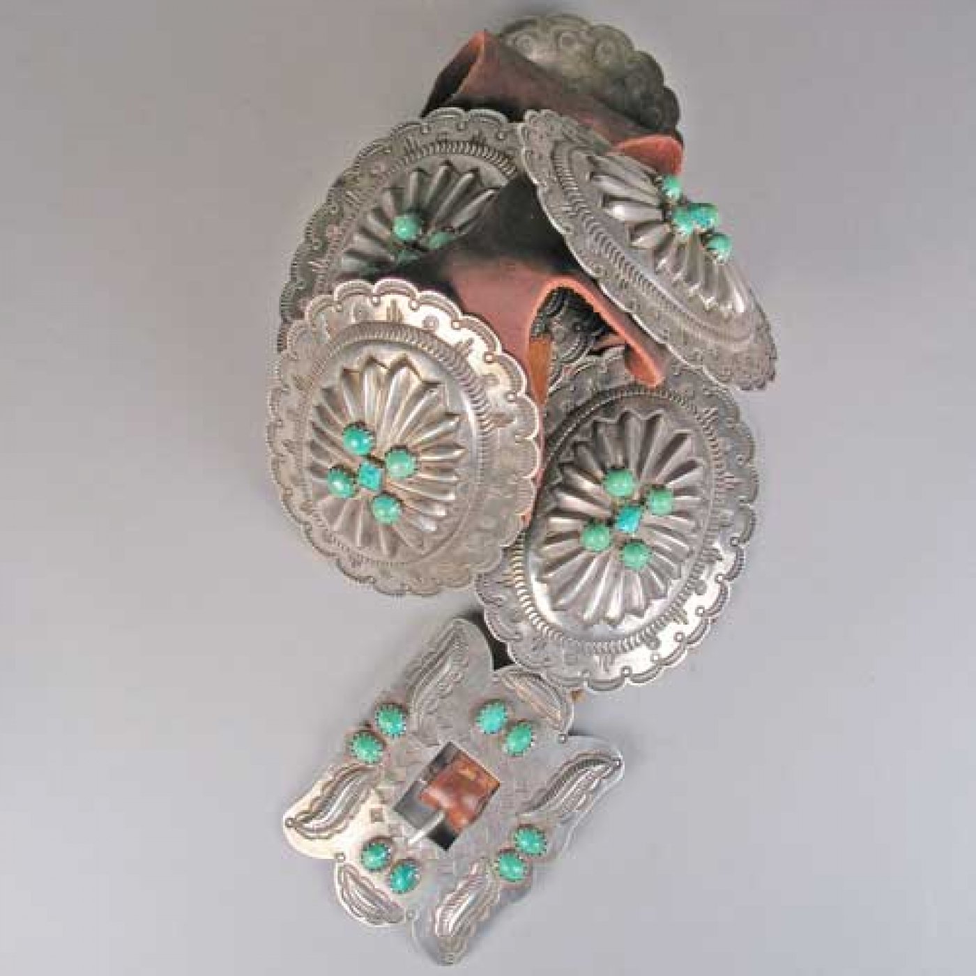 Navajo Turquoise, Silver, and Leather and Silver Concho Belt c. 1920s