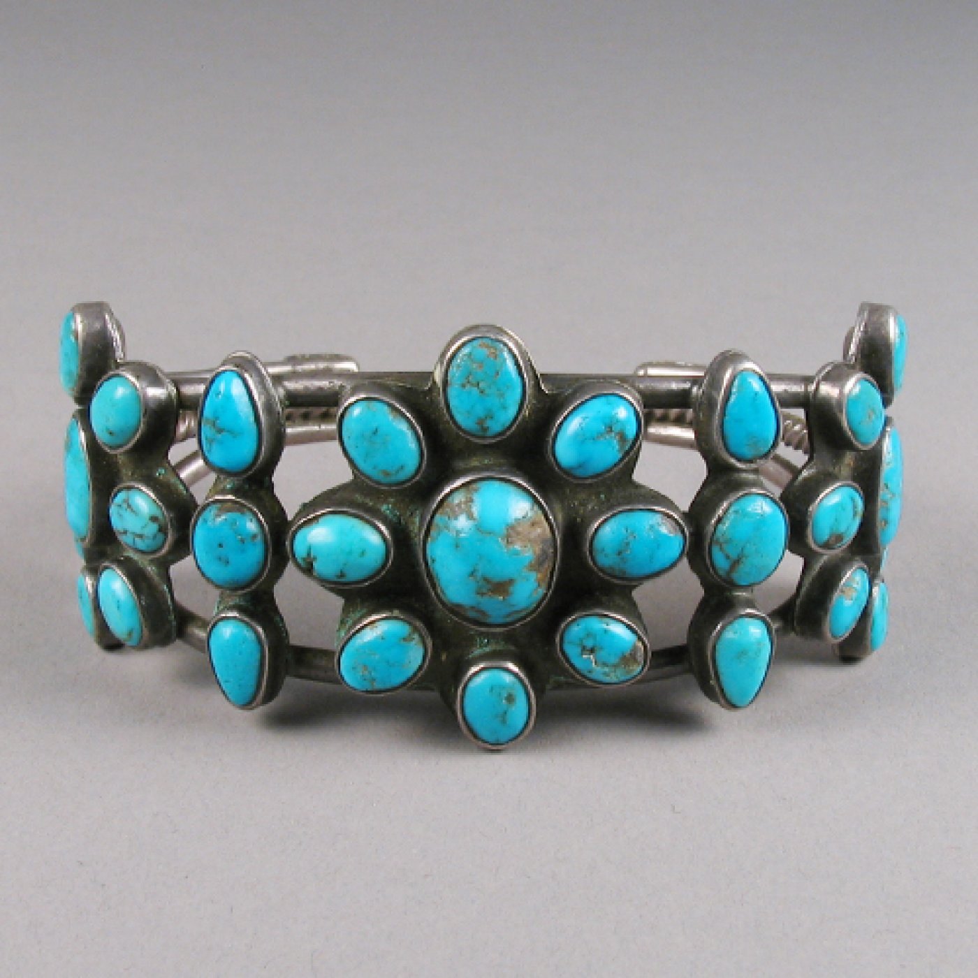 Navajo Floral Turquoise Cluster Bracelet, c. 1940 Shiprock Santa Fe