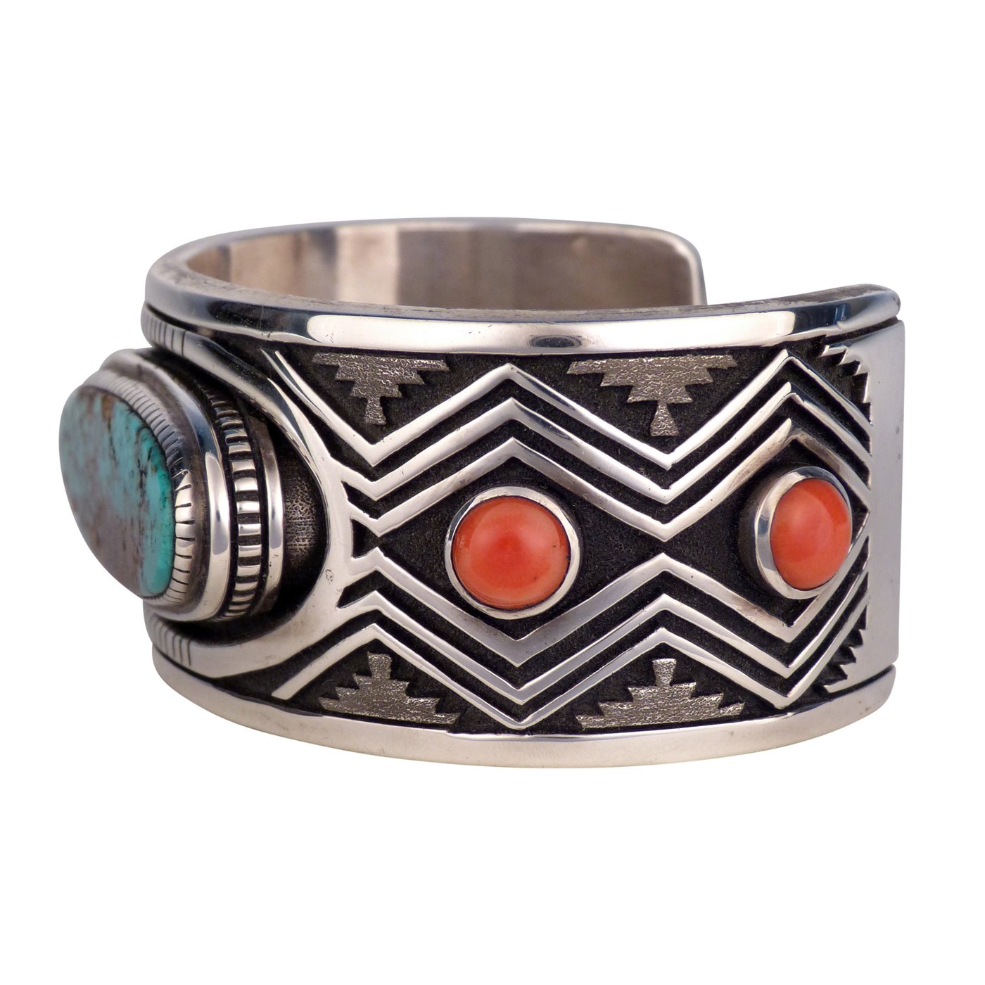 Leonard Haskie, Navajo Silver Bracelet with Turquoise and Coral ...