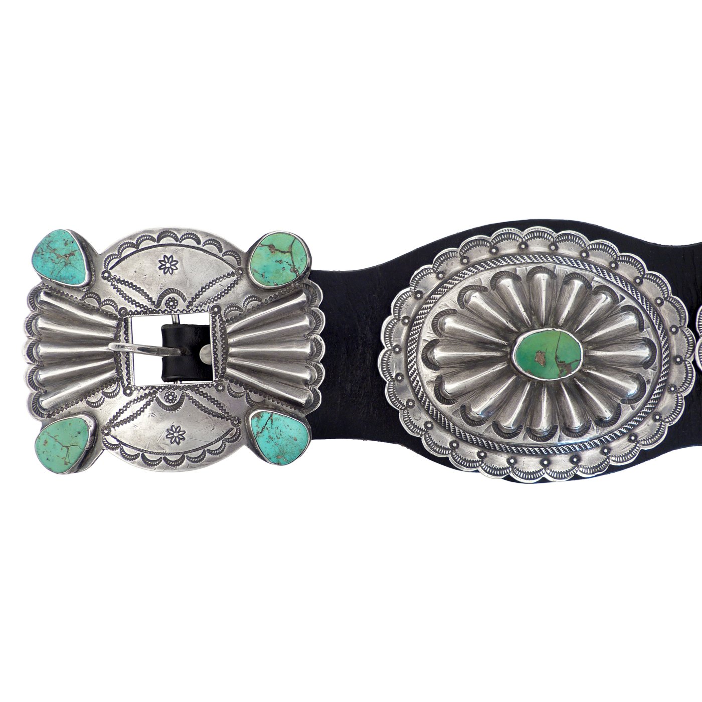 Navajo Stamped Silver Concho Belt with Seven Conchas and Turquoise ...