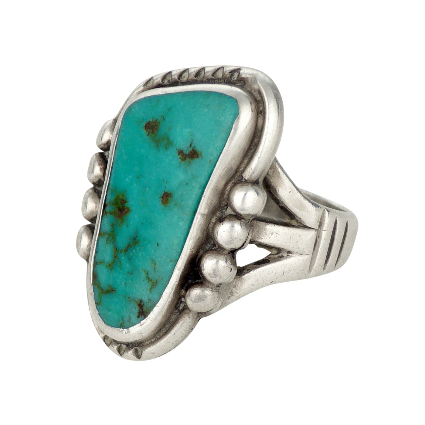 Mark Chee, Navajo Silver Split Shank Ring With Blue Gem Turquoise 