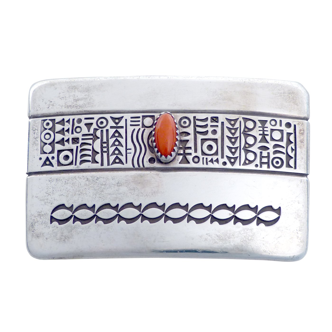 Norbert Peshlakai, Navajo Stamped Silver Belt Buckle with Coral 
