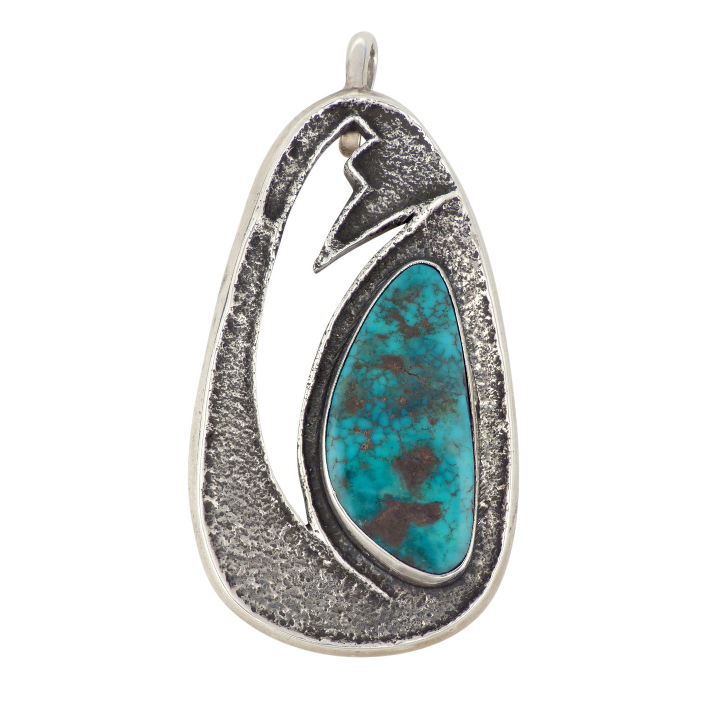 Preston Monongye, Hopi Cast Silver Pendant with Turquoise Cabochon 