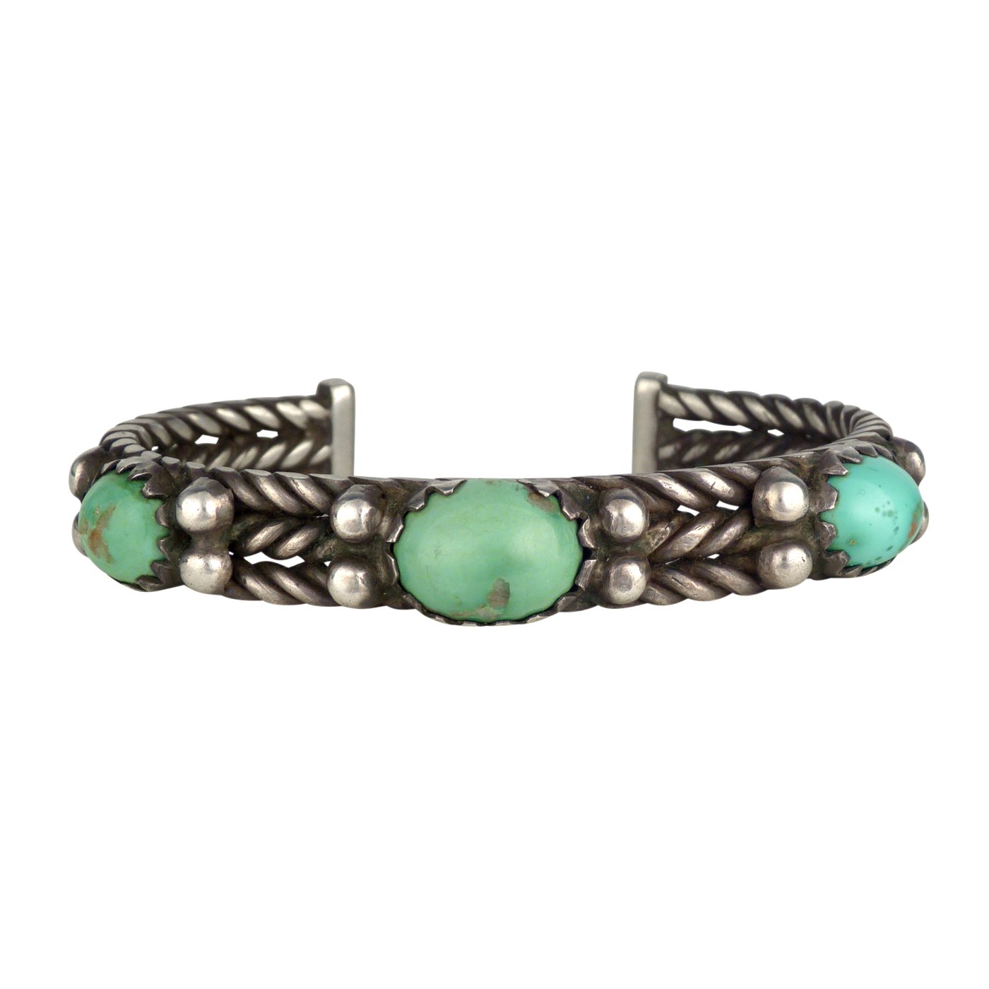 Navajo Silver Twist Wire Bracelet with Three Turquoise Cabochons, c ...