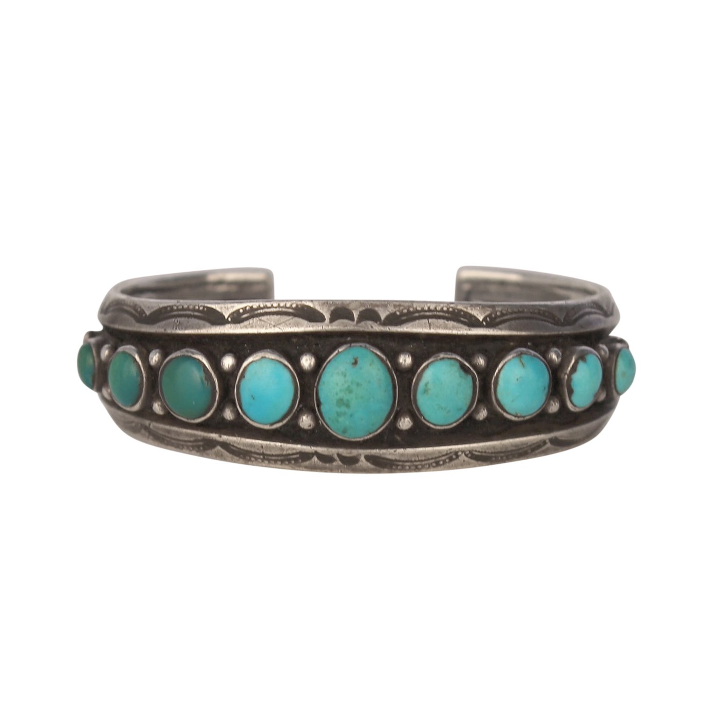 Navajo Stamped Silver Bracelet with Nine Turquoise Cabochons, c.1940 ...