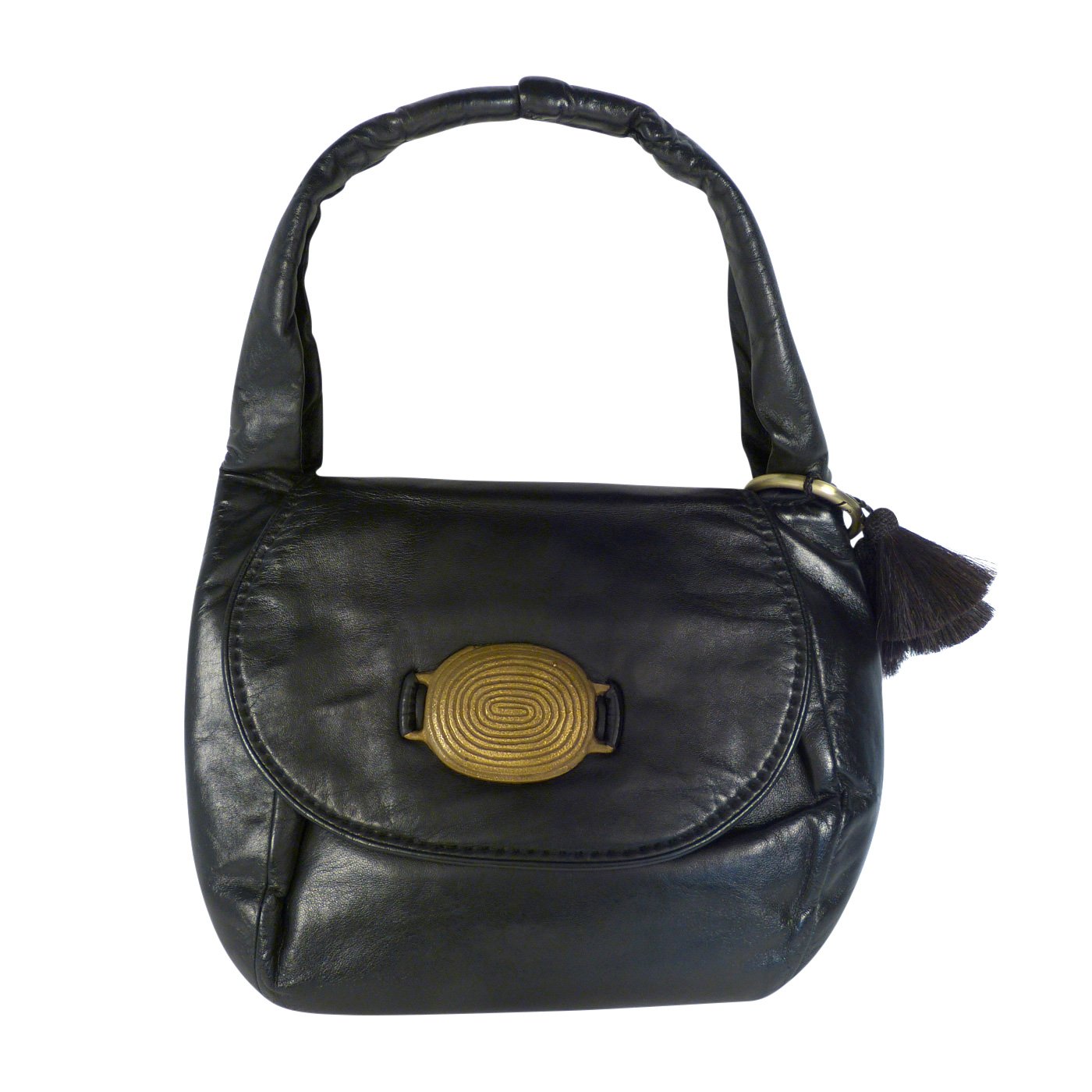 Lloyd Kiva New, Black Leather Bag with Cast Bronze by Charles Loloma