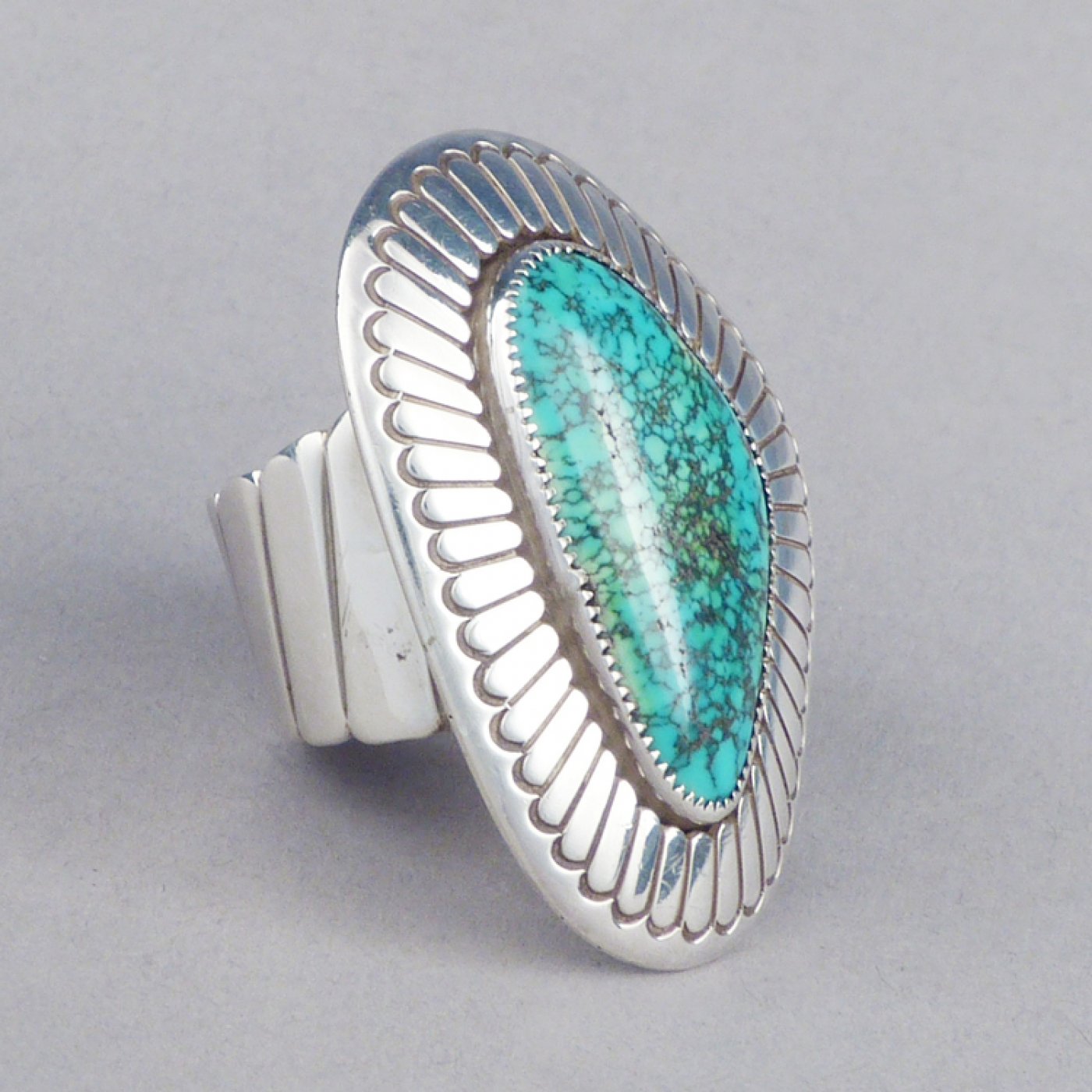 Navajo Silver Shadow Box Ring with Lone Mountain Turquoise by Lee