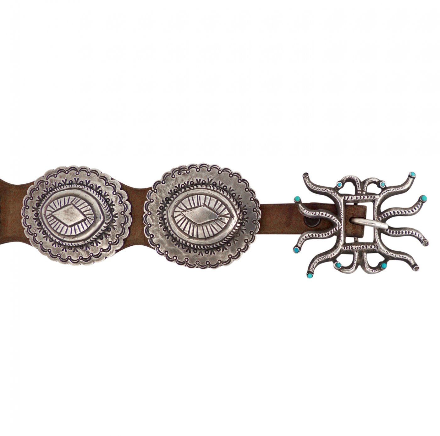 Navajo Turquoise, Silver, and Leather and Silver Concho Belt c. 1920s