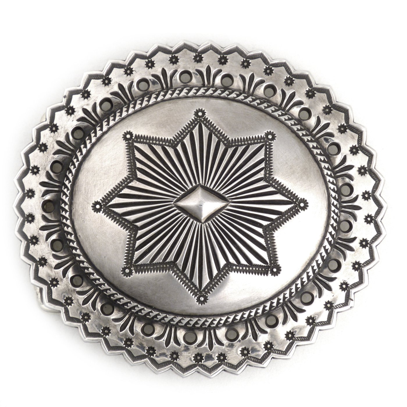 Perry Shorty, Navajo Stamped Silver Concha Belt Buckle | Shiprock Santa Fe