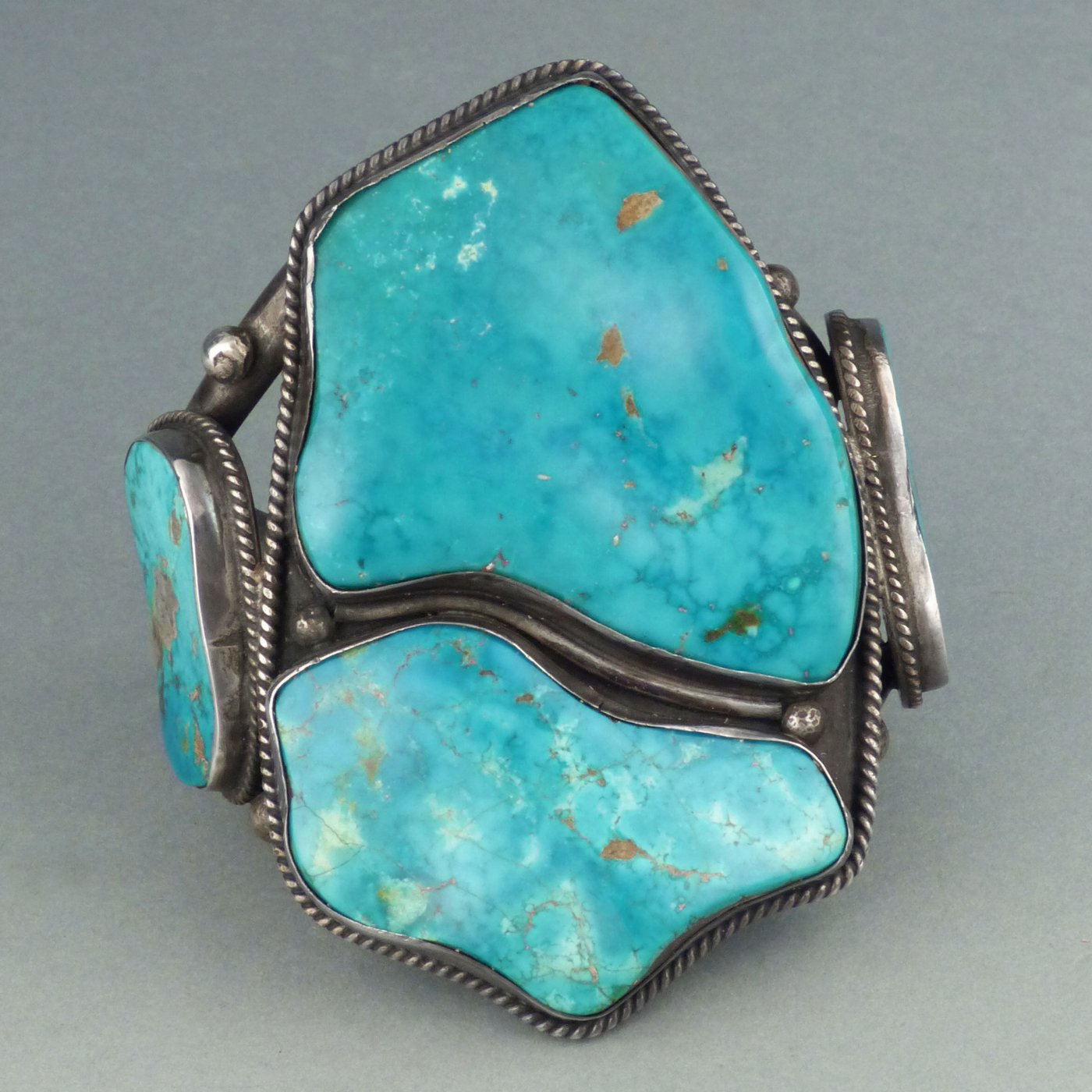 Navajo Silver Cuff with Four Large Blue Gem Turquoise Cabochons by Mark