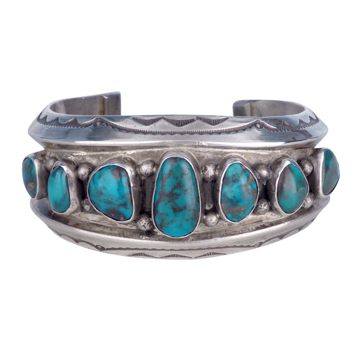Mark Chee, Navajo Stamped Silver Row Bracelet with Seven Bisbee ...