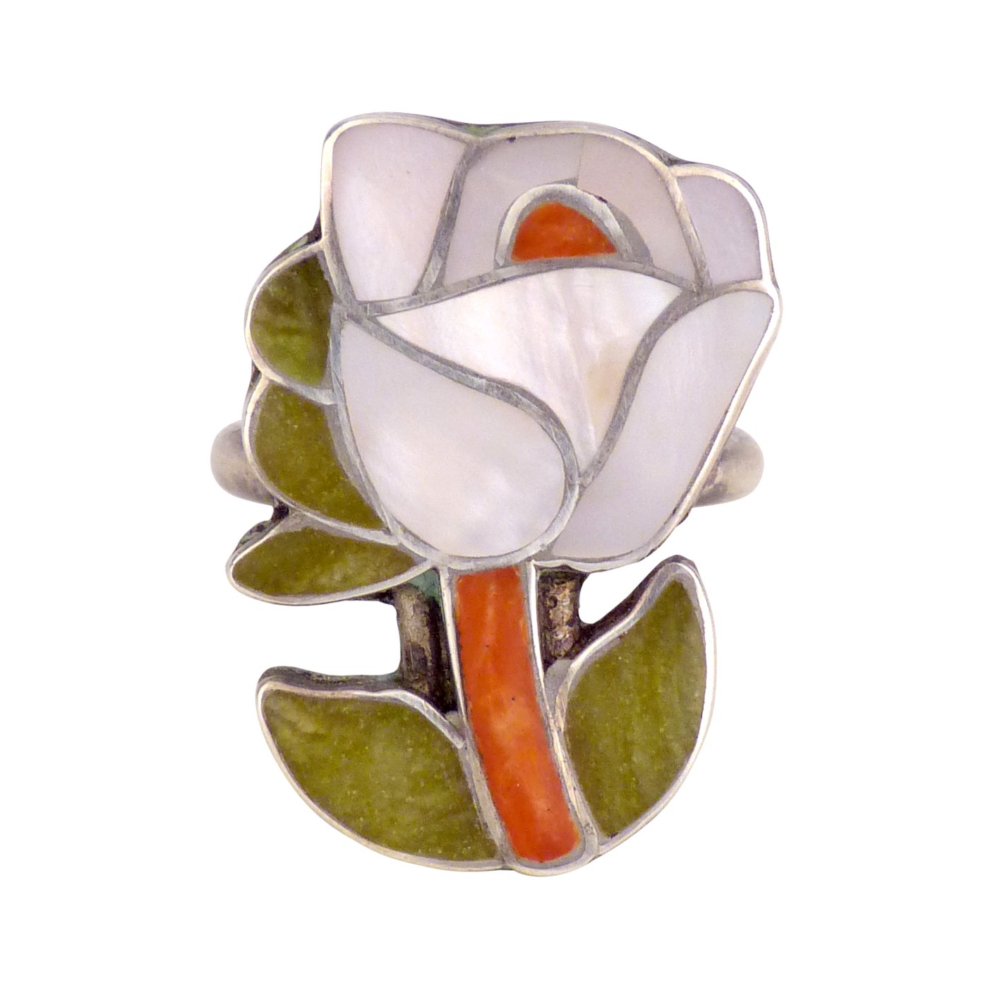 Porfilio Sheyka, Zuni Silver Channel Inlay Flower Ring | Shiprock Santa Fe