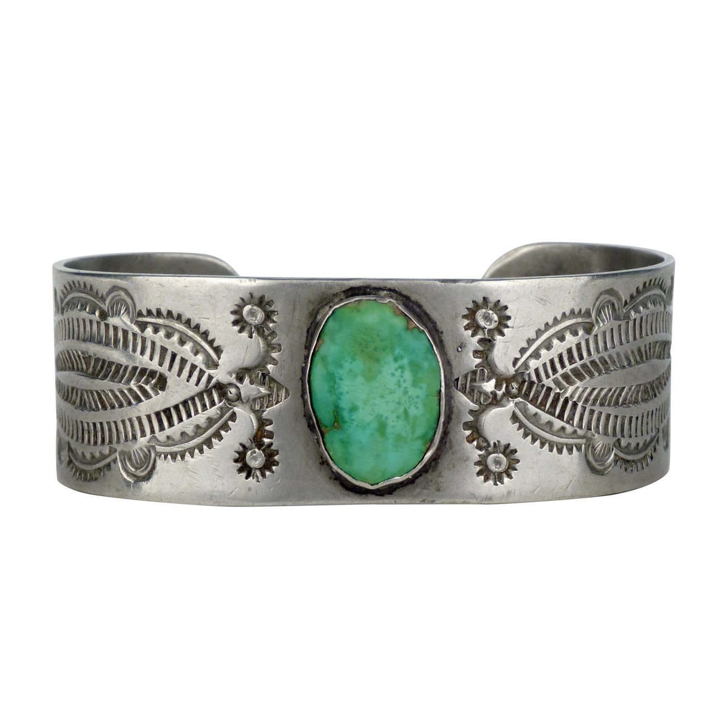 Navajo Stamped Nickel Bracelet with Turquoise Cabochon, c.1910