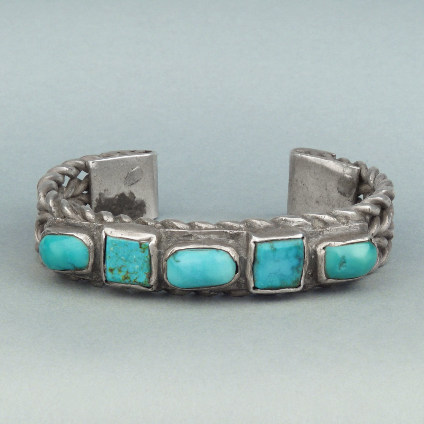 Navajo Silver Twisted Wire Row Bracelet with Five Turquoise Cabochons ...