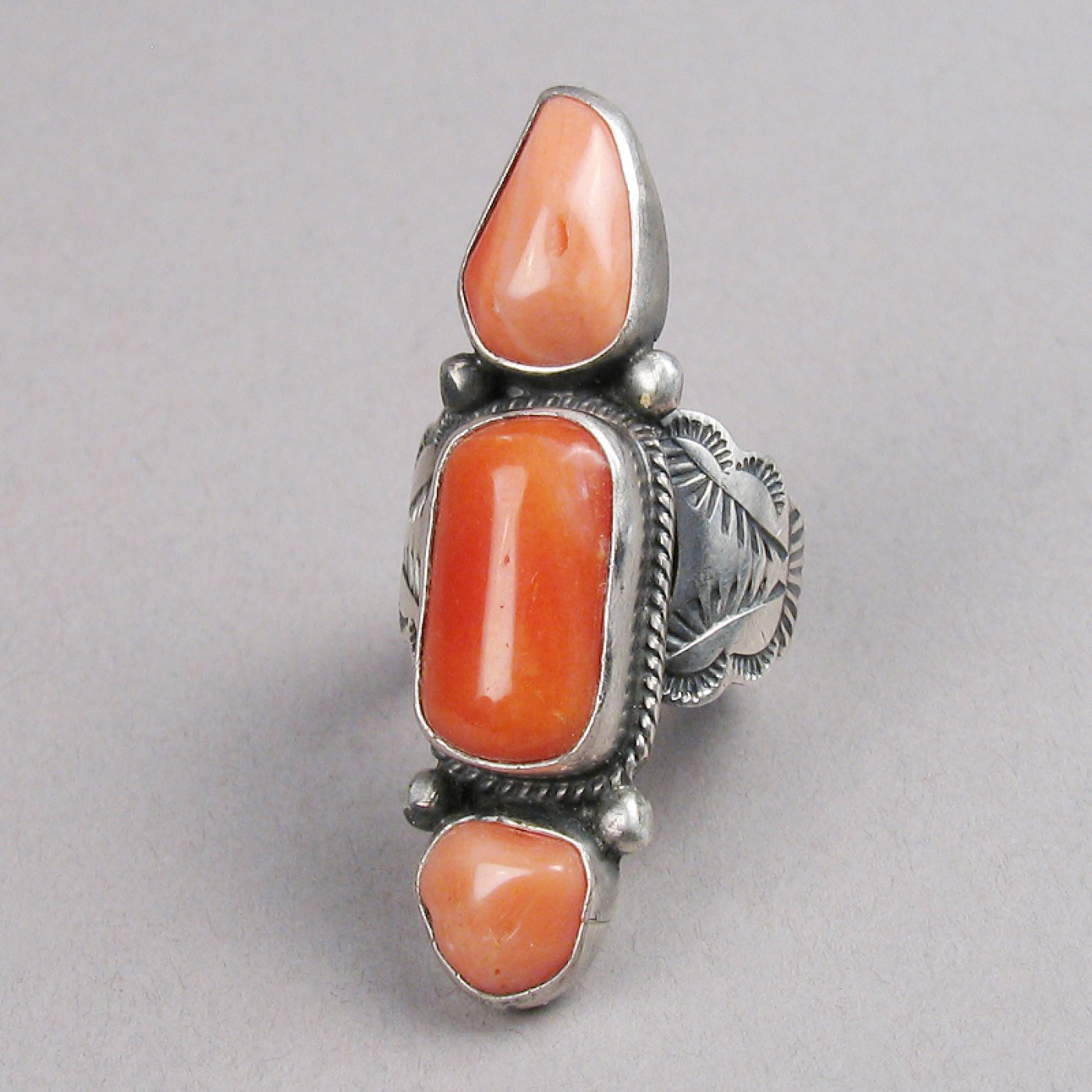 Silver Ring with Three Coral Cabochons | Shiprock Santa Fe