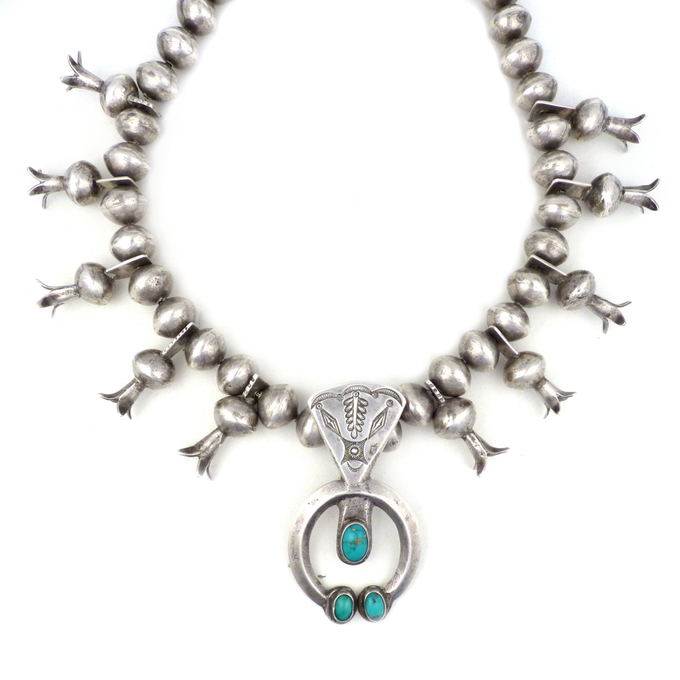 Navajo Silver Squash Blossom Necklace with Naja and Turquoise, c.1930