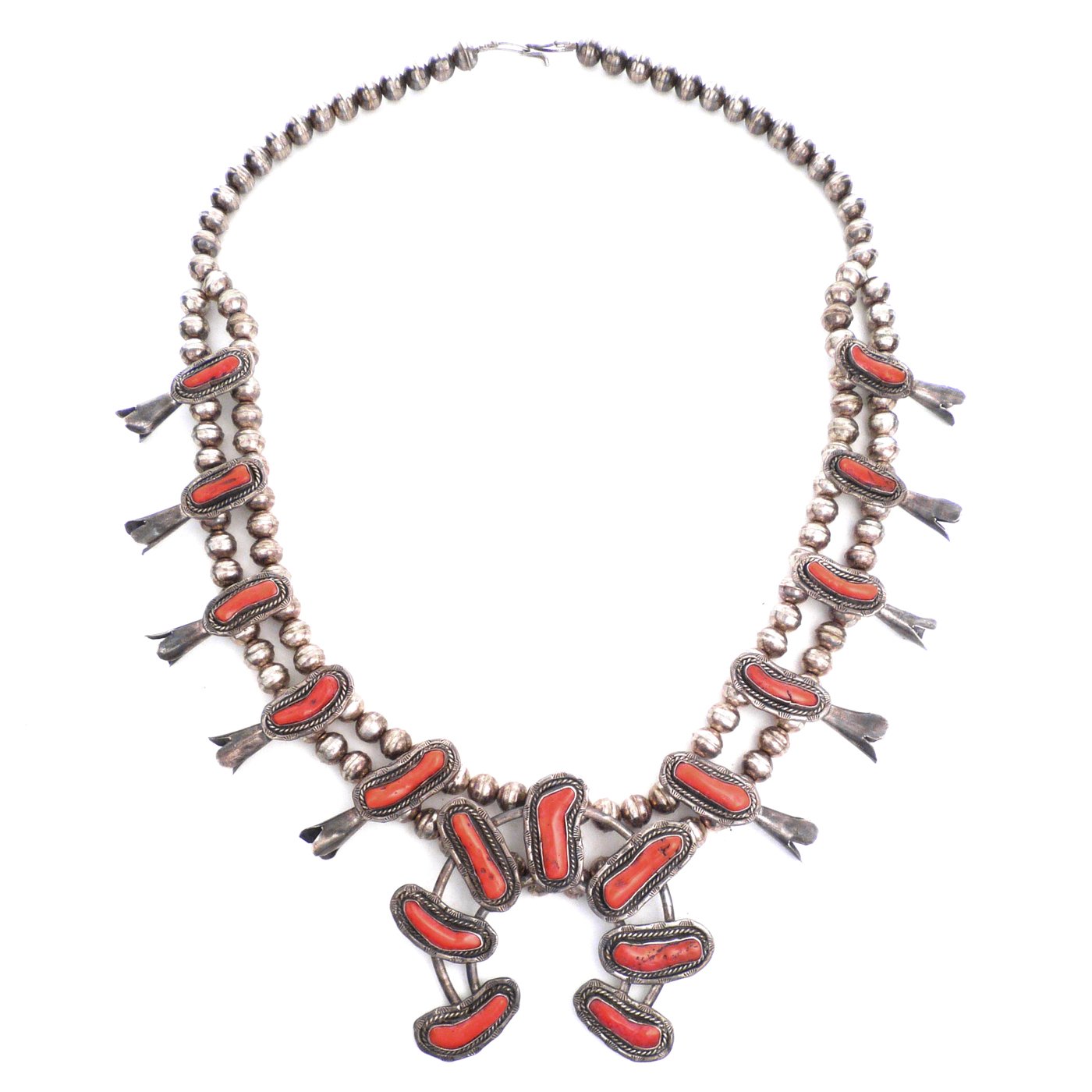 Navajo Silver and Coral Squash Blossom Necklace, c.1970 | Shiprock Santa Fe