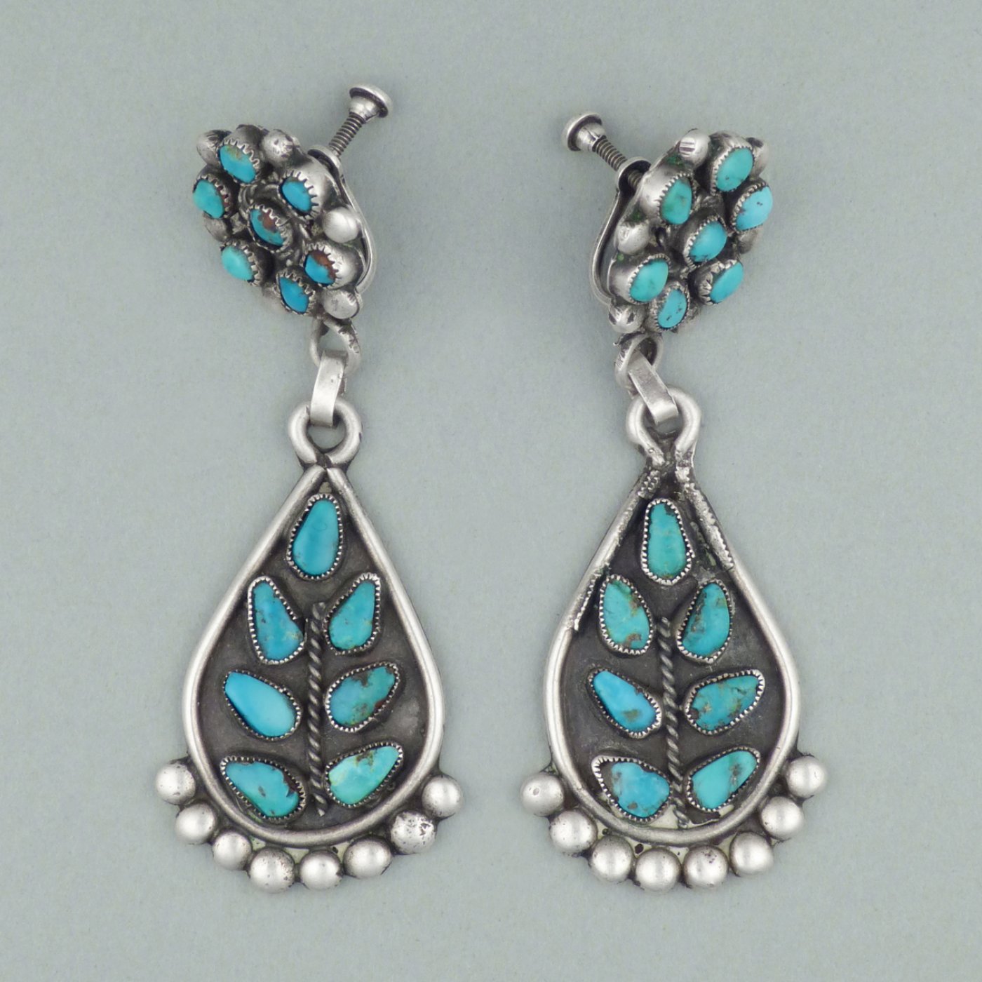 Navajo Silver Dangle Earrings with Turquoise Flower and Plant Motifs, c ...