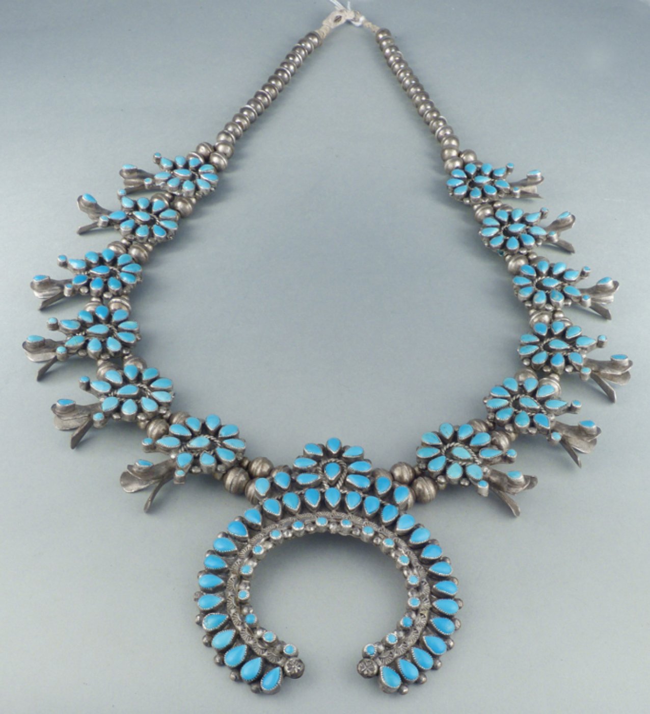 Zuni Turquoise Cluster Squash Blossom with Naja c. 1970s Shiprock