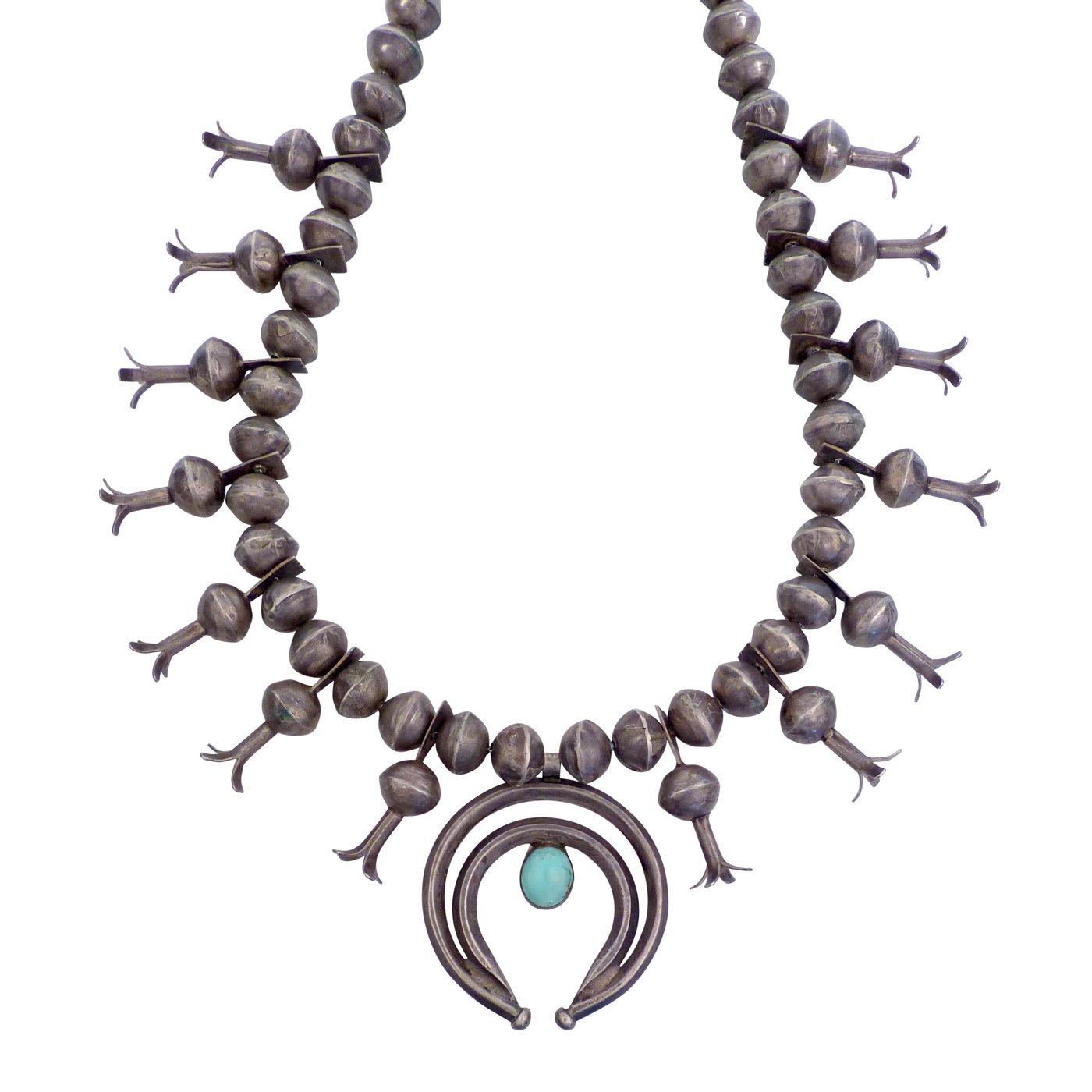Navajo Silver Squash Blossom Necklace with Turquoise Cabochon, c.1940