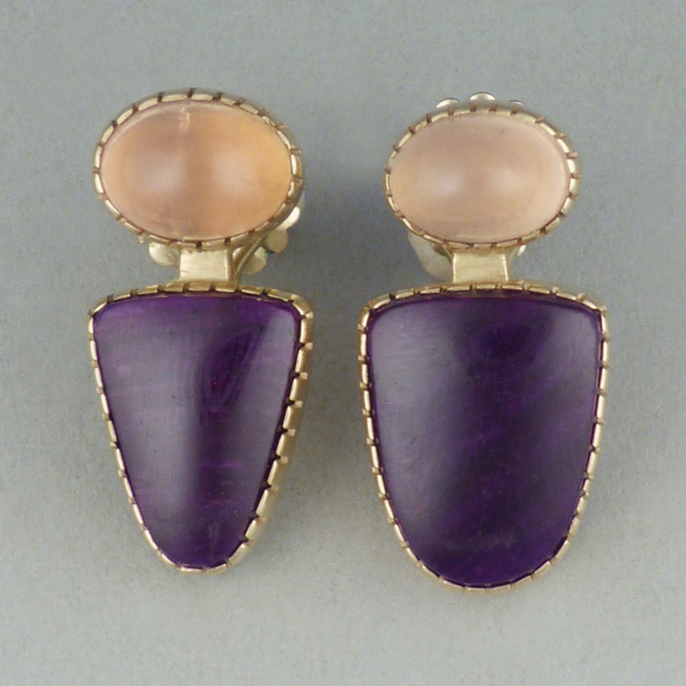 14k Gold Earrings with Sugilite and Rose Quartz Cabochons Shiprock