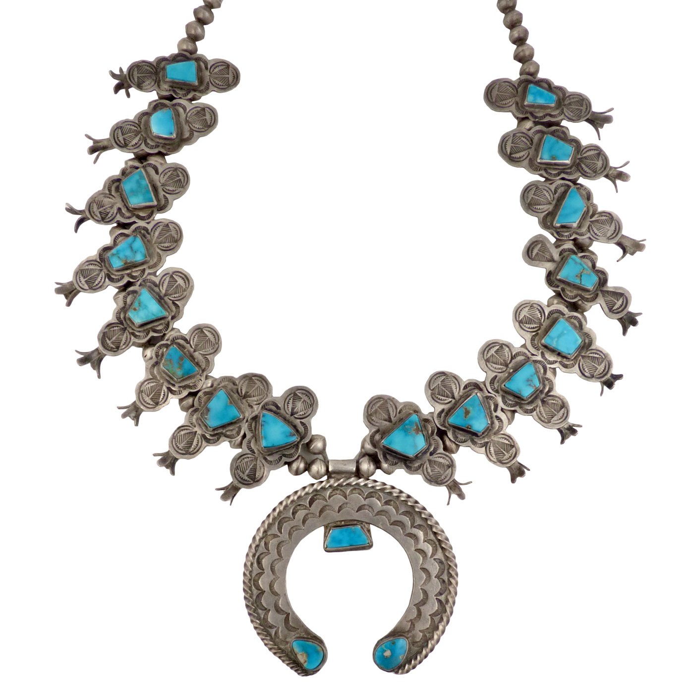 Navajo Silver and Blue Gem Turquoise Squash Blossom Necklace, c.1940 ...