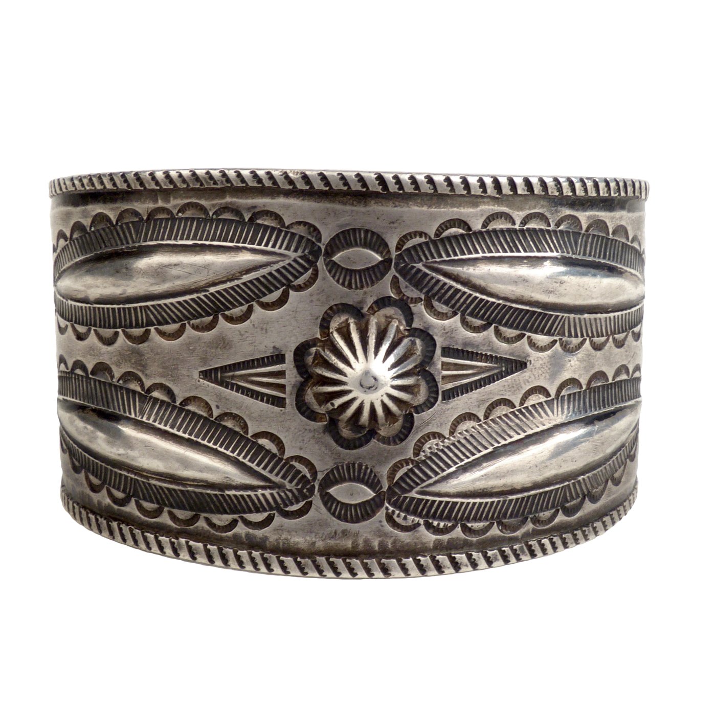 Item #913R- XLG Wide Navajo Stamped Symbols Repousse Sterling Silver Cuff  Bracelet by V&C Hale —Men's and Women's Sterling Silver and Gold Bracelets