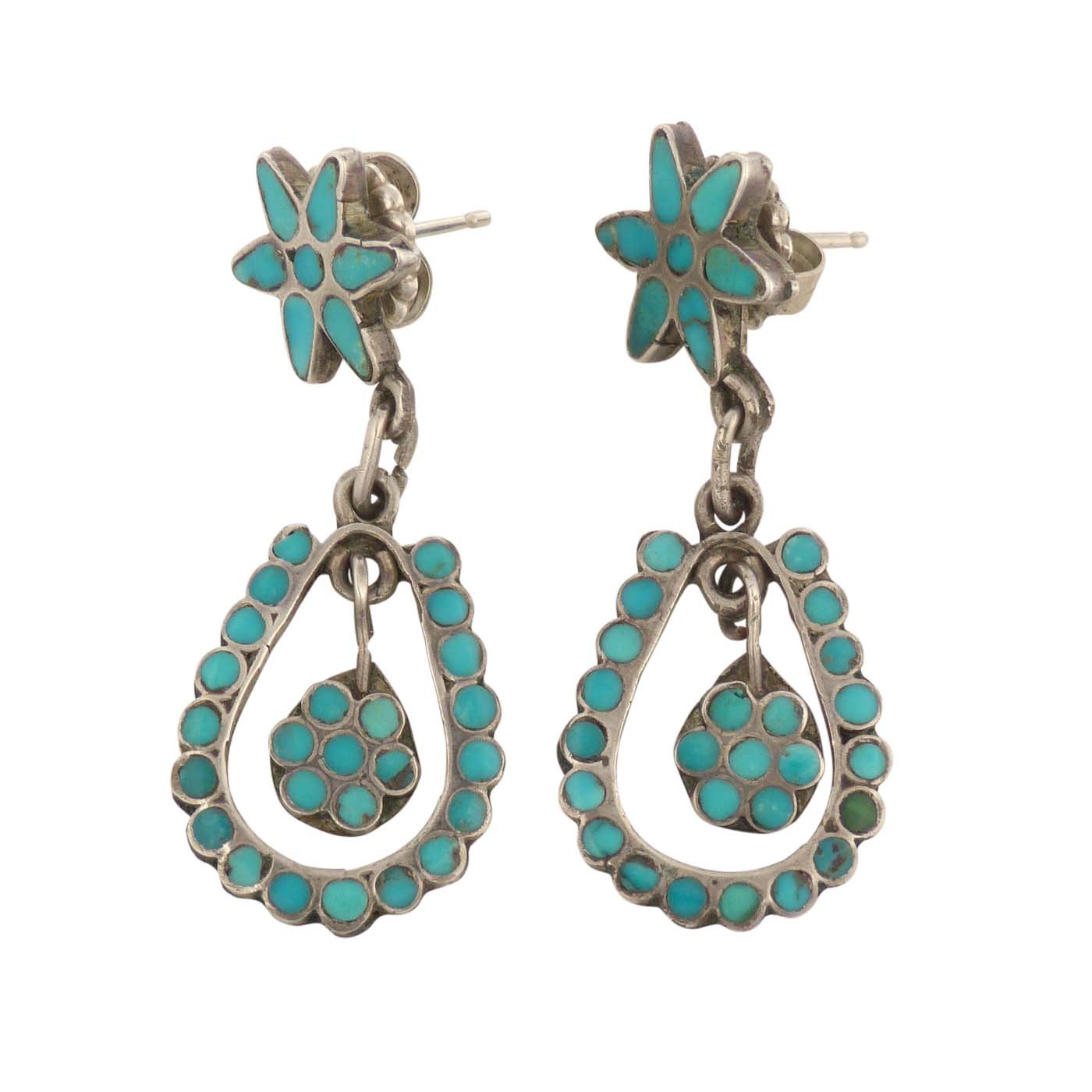 Zuni Silver Turquoise Channel Inlay Earrings, c.1950 Shiprock Santa Fe