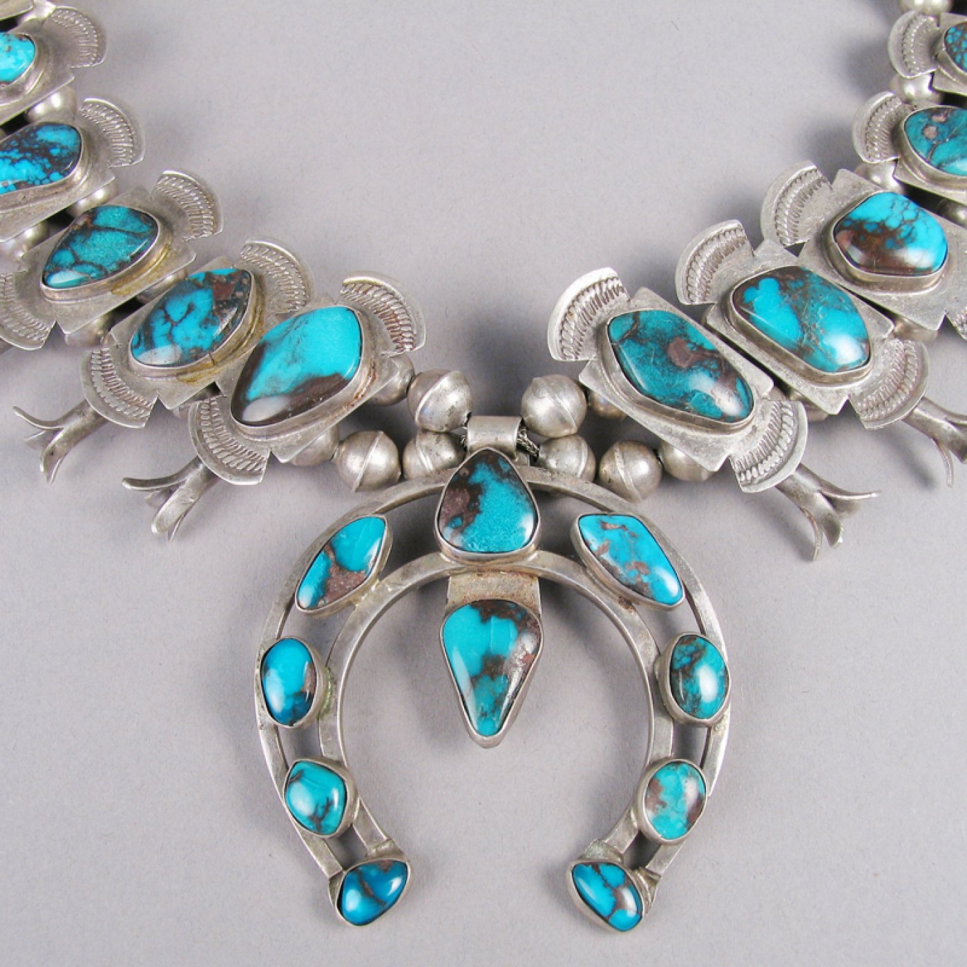 Squash Blossom Necklace with Bisbee Turquoise, c.1950 Shiprock Santa Fe