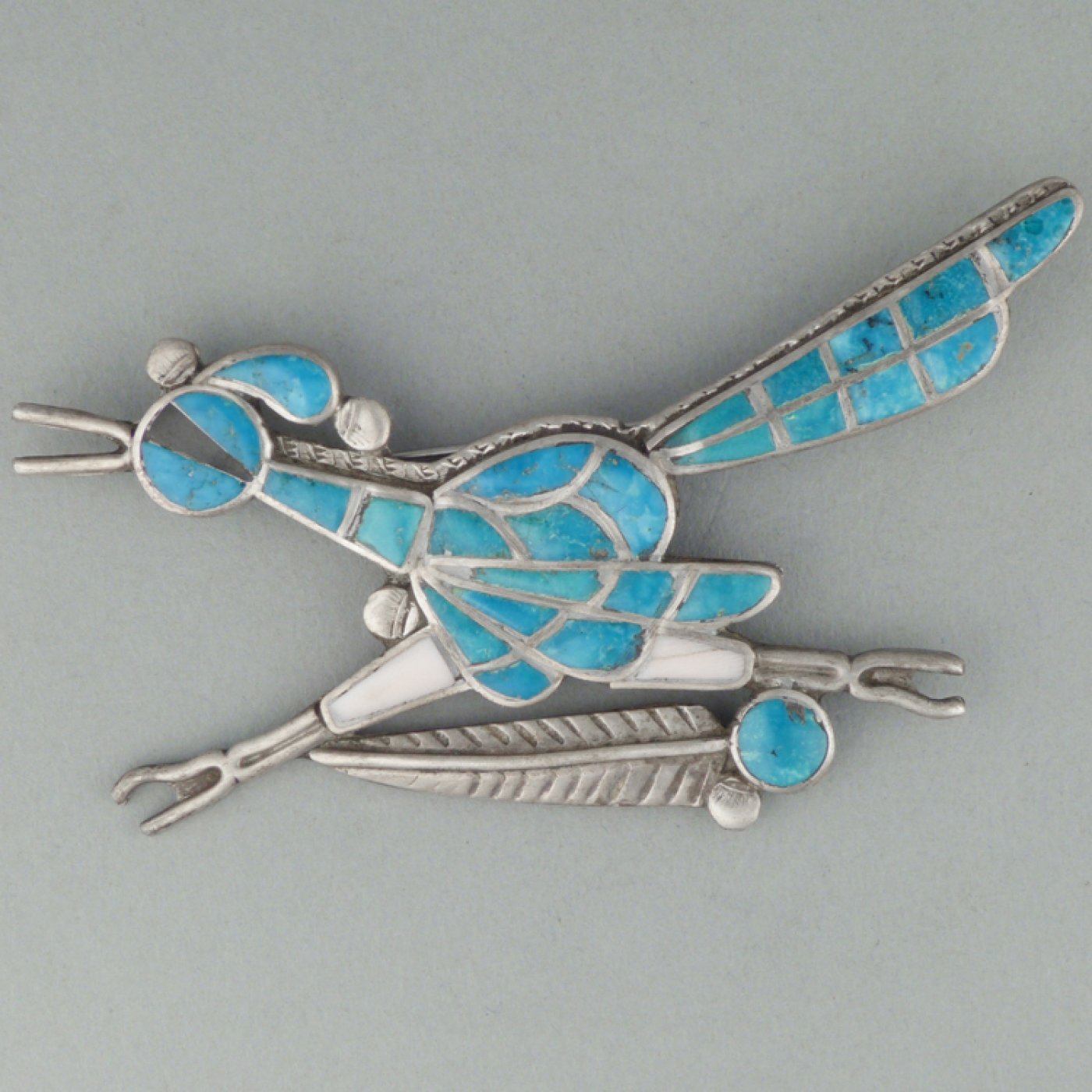 Zuni Channel Inlay Roadrunner Pin c.1960 Shiprock Santa Fe