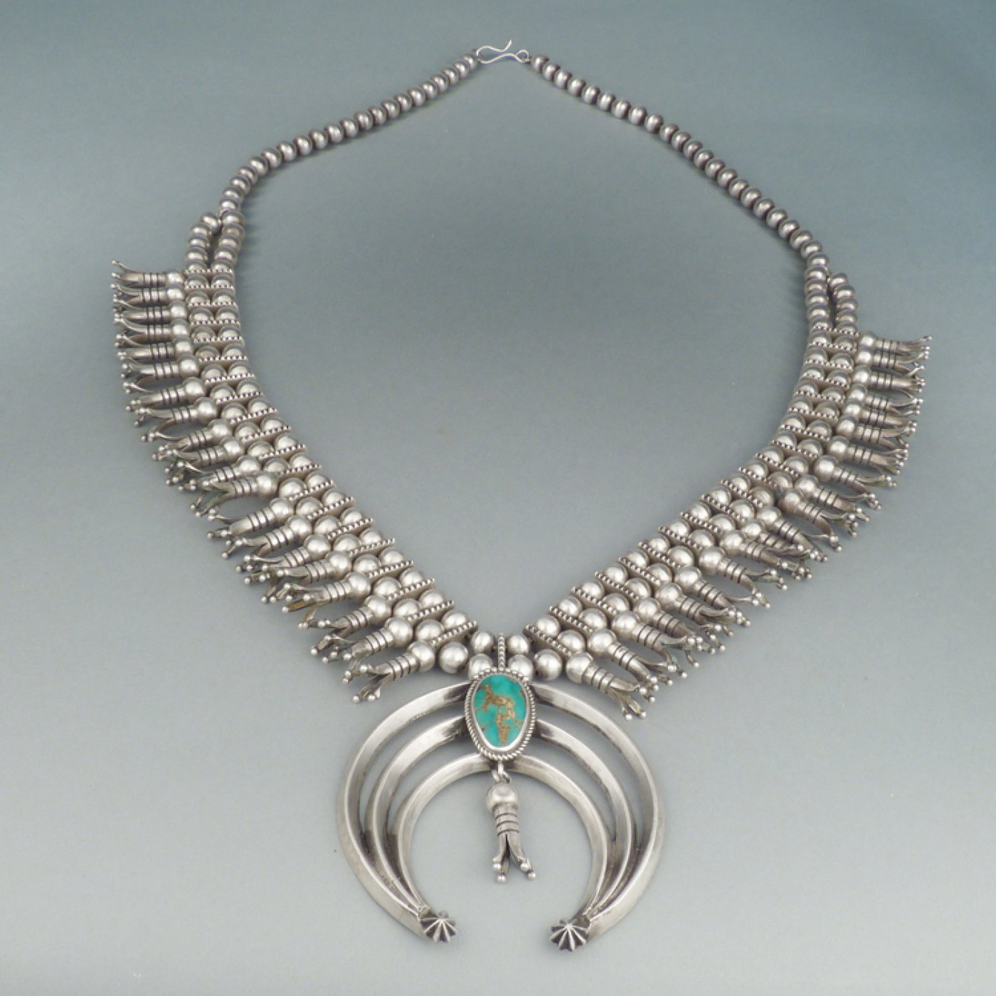 Double Strand Squash Blossom Necklace with Turquoise Cabochon