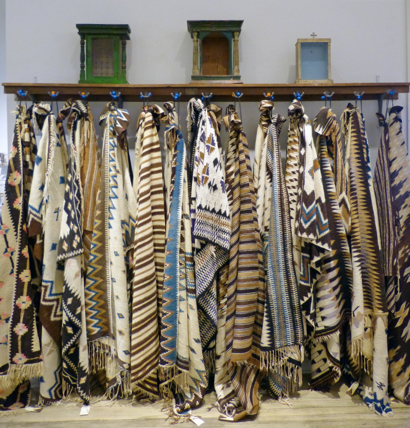 Long Natural Wood Shelf with Hooks Shiprock Santa Fe