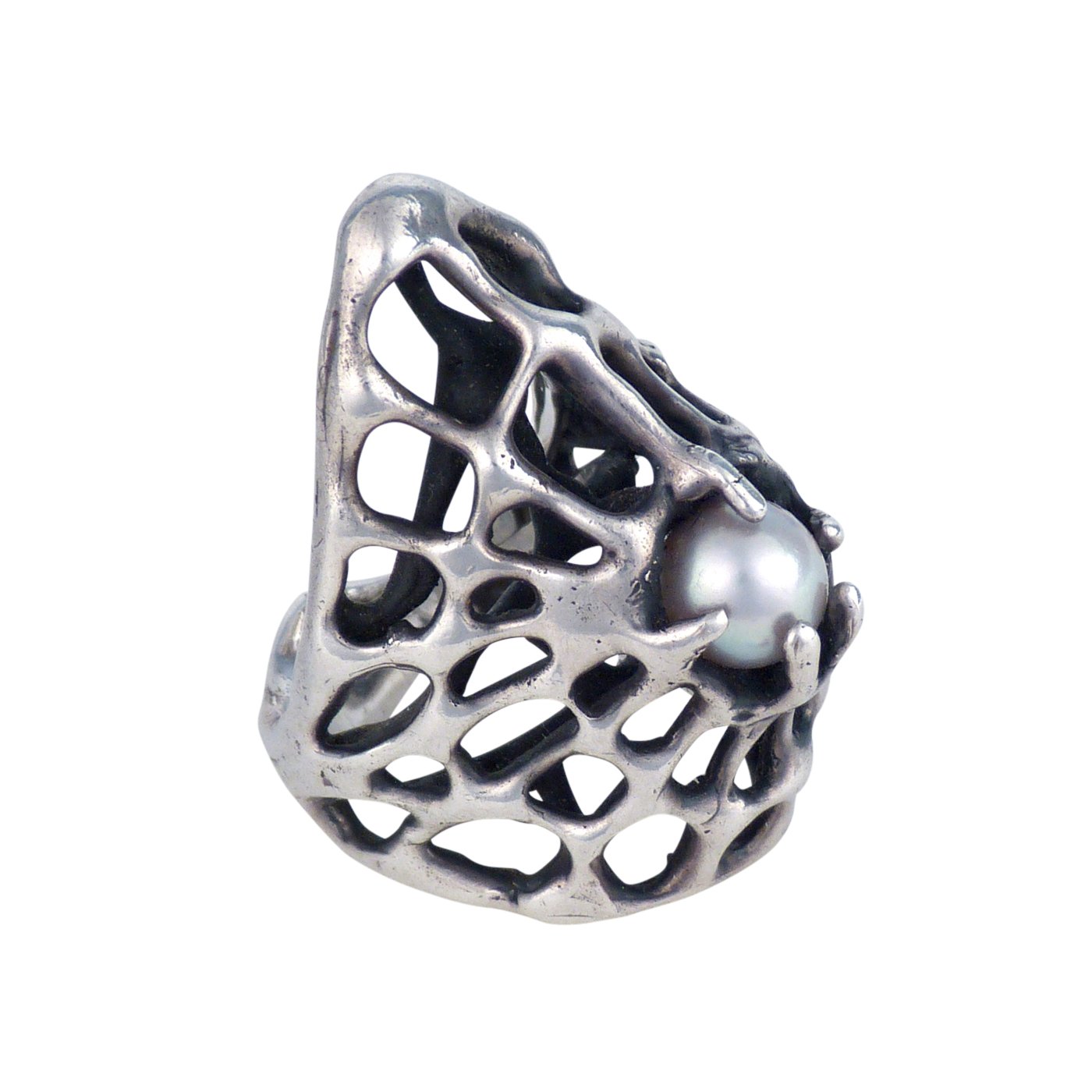 Charles Loloma, Hopi Lost Wax Cast Silver Ring with Pearl Shiprock