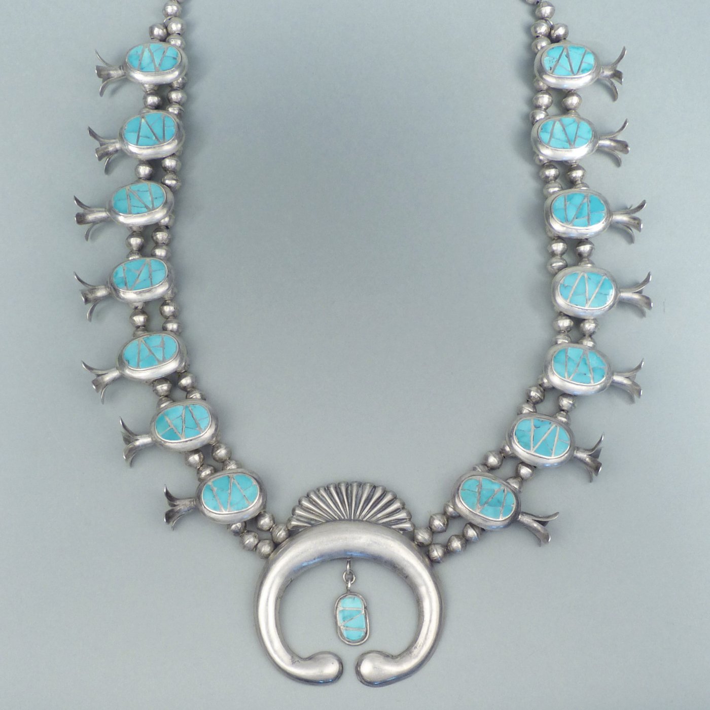 Zuni Squash Blossom Necklace with Naja and Channel Inlay, c.1960's